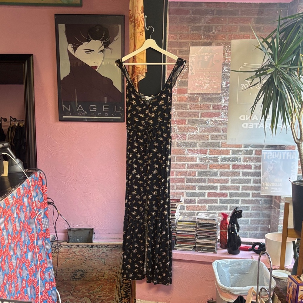 American Eagle Outfitters Black Maxi Dress with Gold Floral Design